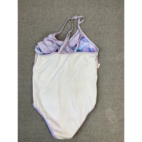 Girls One Piece Swimsuit Blue Purple Galaxy Print Ruffle Adjustable Straps Large - Picture 5 of 7